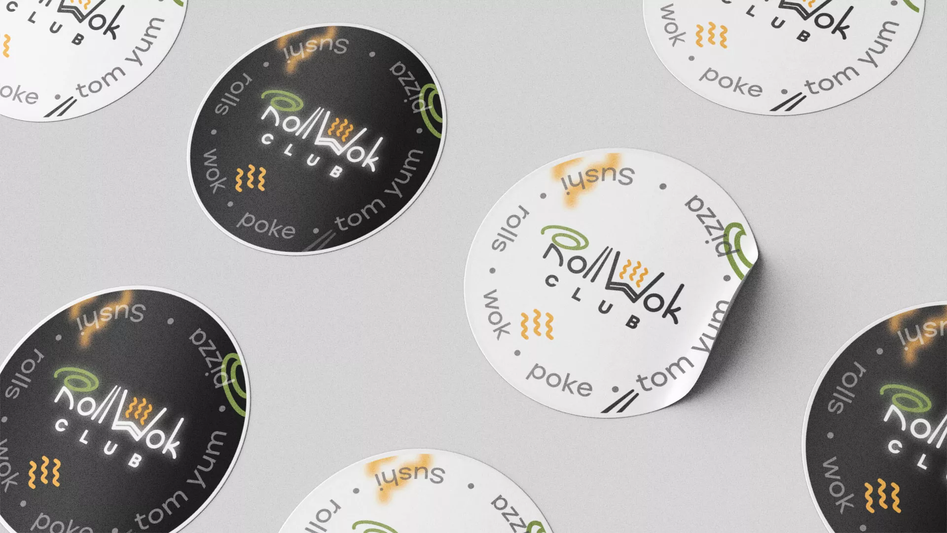 Разработка наклеек для суши-бара «Roll Wok Club» в Ермолино